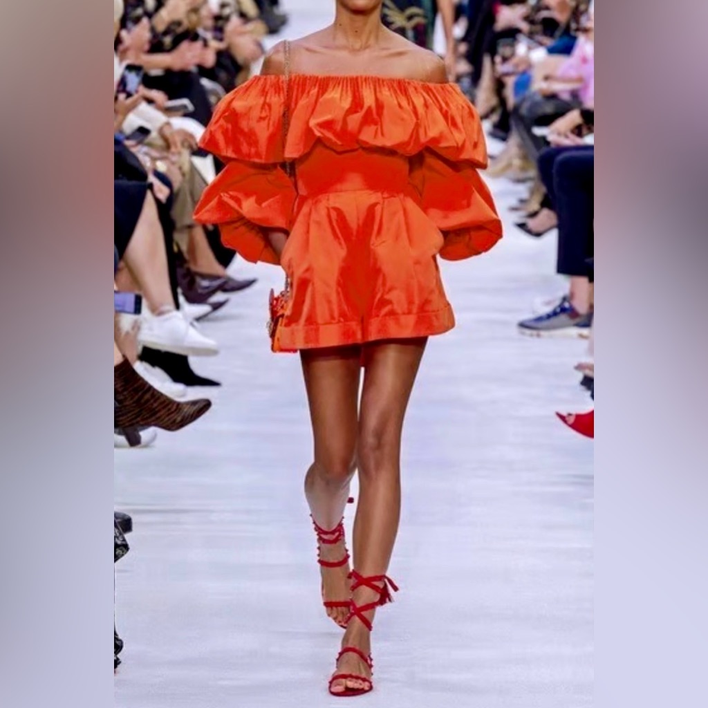 $2980 Valentino Ruffled Runway Faille Off The Shoulder Jumpsuit In Orange. Italy